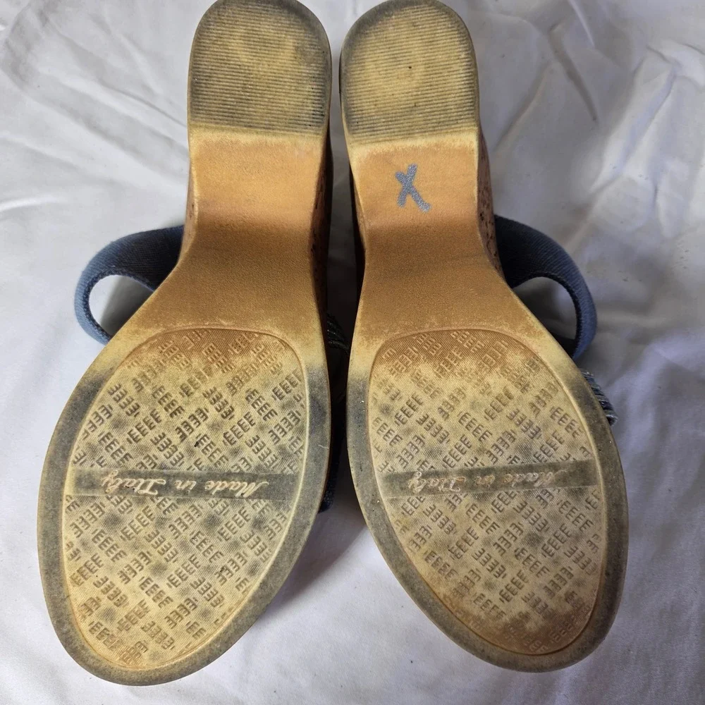 Italian Shoemakers Womens Blue Canvas Cork Platform Wedge Sandals Size 8 Italy